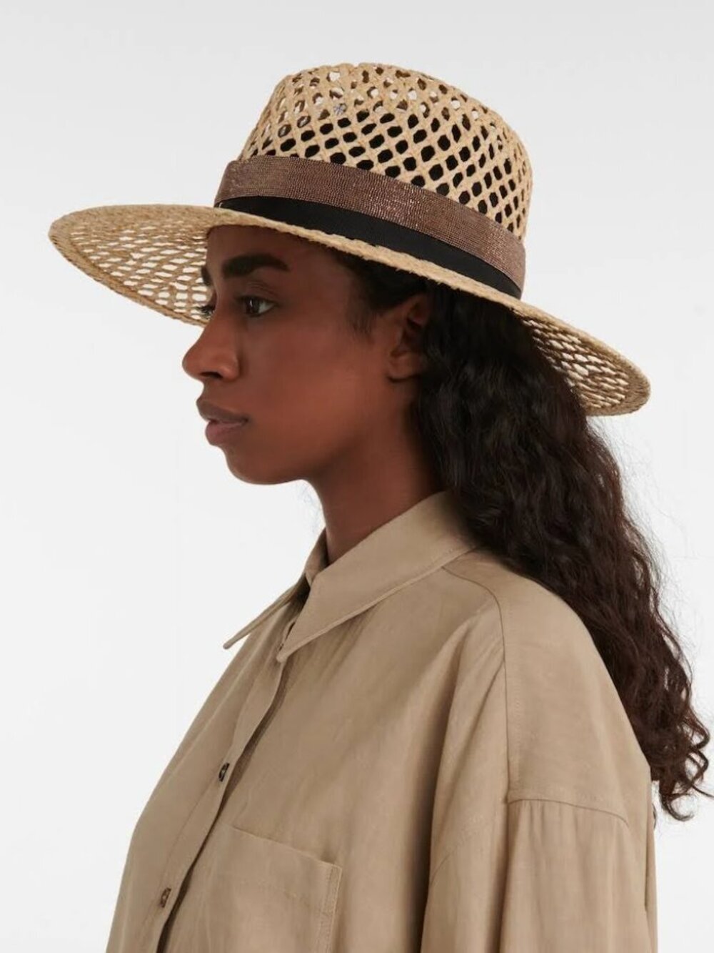 New Brunello Cucinelli Monili Trim 100% Raffia Woven Natural Panama Hat Large